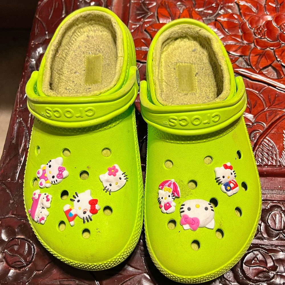 Used Crocs W/ Widgets Lime Green With Fur